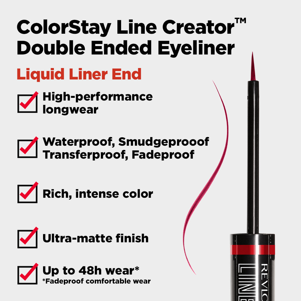 ColorStay Line Creator Double Ended Liner – penel eyeliner me dy skaje, laps kohl kremoze dhe penel likuid me pigment të lartë, i papërshkueshëm nga uji dhe transferimet, veshje deri në 48 orë / ColorStay Line Creator Double Ended Eyeliner – dual-ended pencil with creamy kohl and liquid liner, high-pigment, waterproof and smudge-proof, long-lasting up to 48 hours