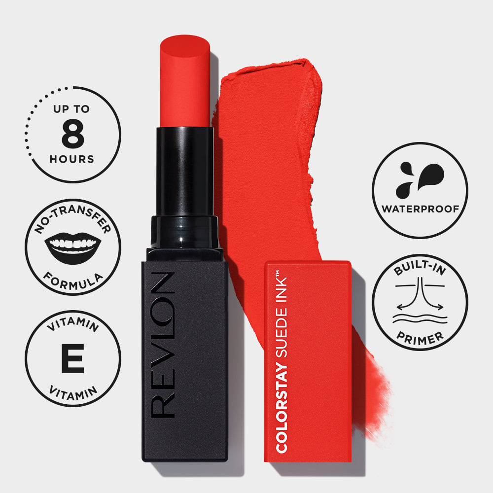 Revlon ColorStay Suede Ink Lipstick, longwear matte lipstick, smudge-proof and transfer-resistant, 8-hour wear, intense pigmented vegan formula, precise angled tip for easy application | Buzëkuq Revlon ColorStay Suede Ink, buzëkuq mat qëndron gjatë, pa njolla dhe pa transferim, qëndron deri në 8 orë, formulë vegane me pigment të theksuar, majë e pjerrët për aplikim të saktë