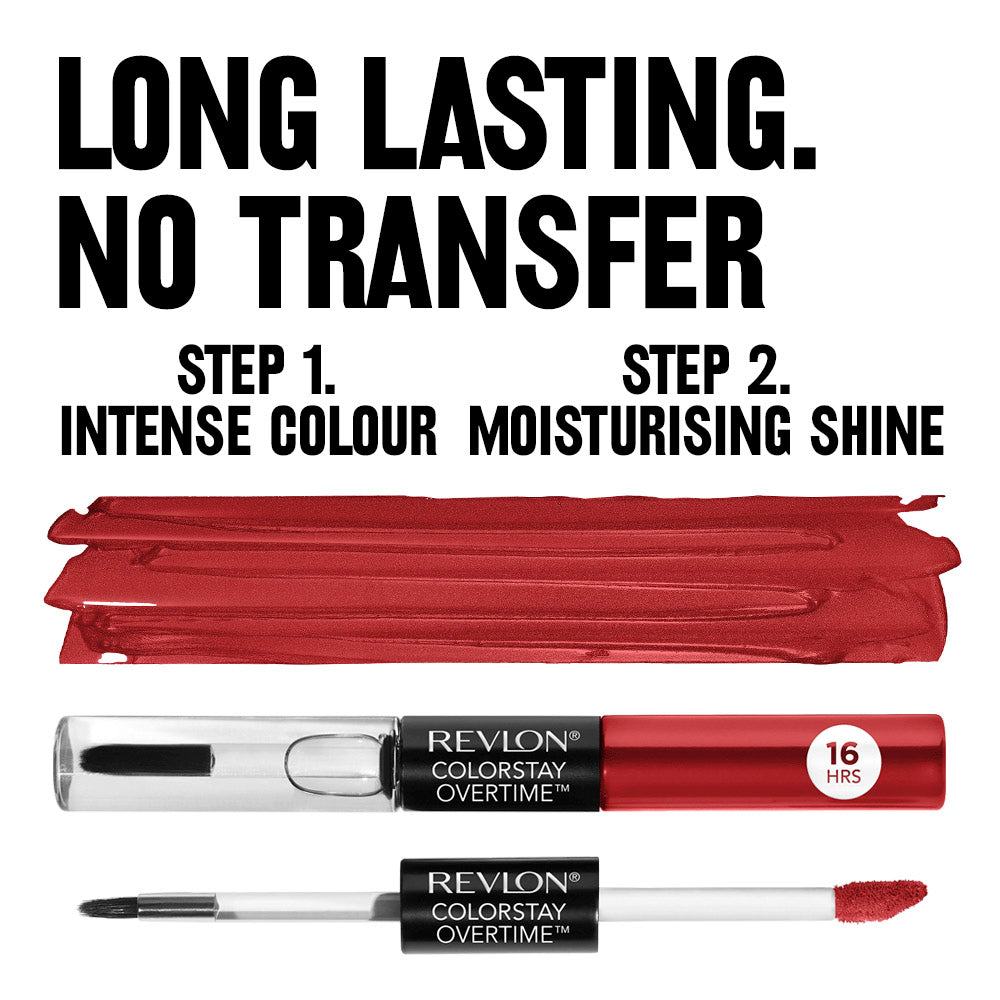 Revlon ColorStay Overtime Lipcolor, kiss-proof, transfer-resistant, 16-hour wear, hydrating with Vitamin E, available in multiple shades | Revlon ColorStay Overtime Lipcolor, rezistent ndaj puthjes dhe transferimit, qëndron deri në 16 orë, hidratues me Vitaminë E, i disponueshëm në shumë nuanca
